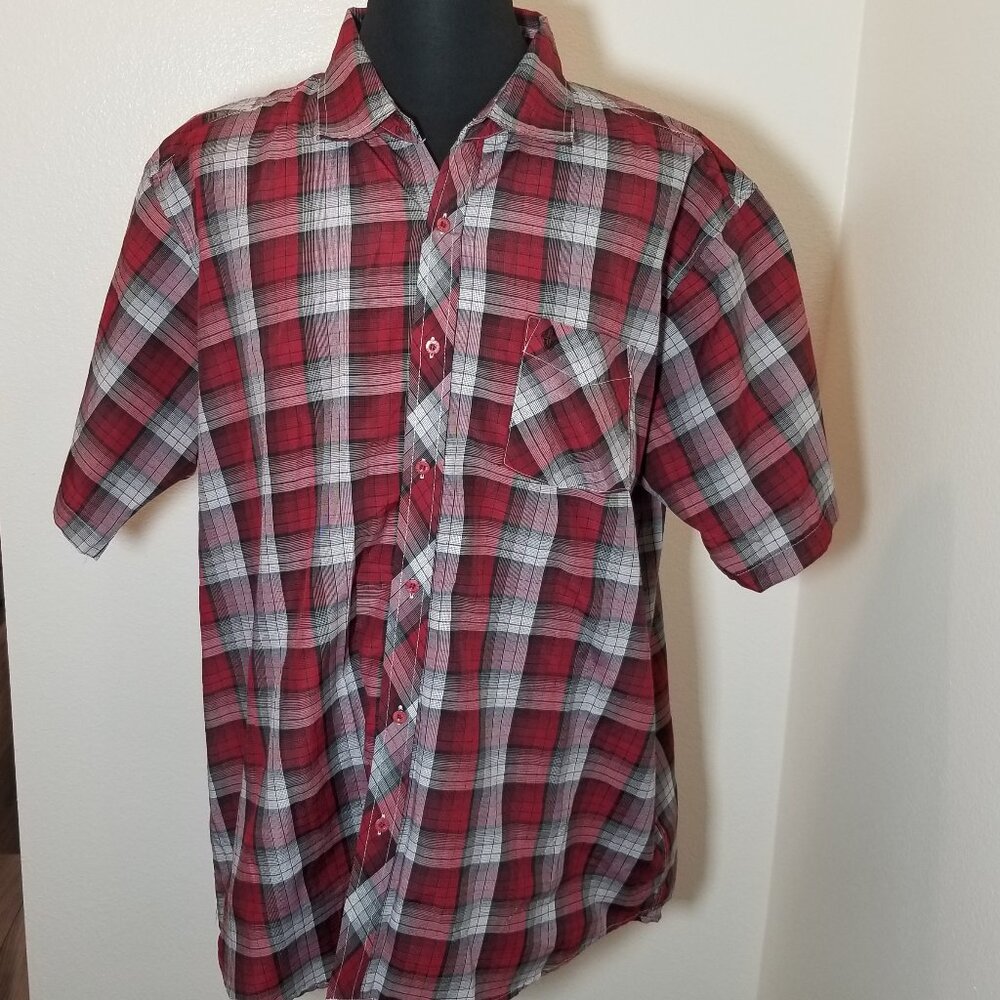 Swiss Cross Mens 3XL Short Sleeve Button Up Shirt‎ Red Plaid Western Retro Rodeo